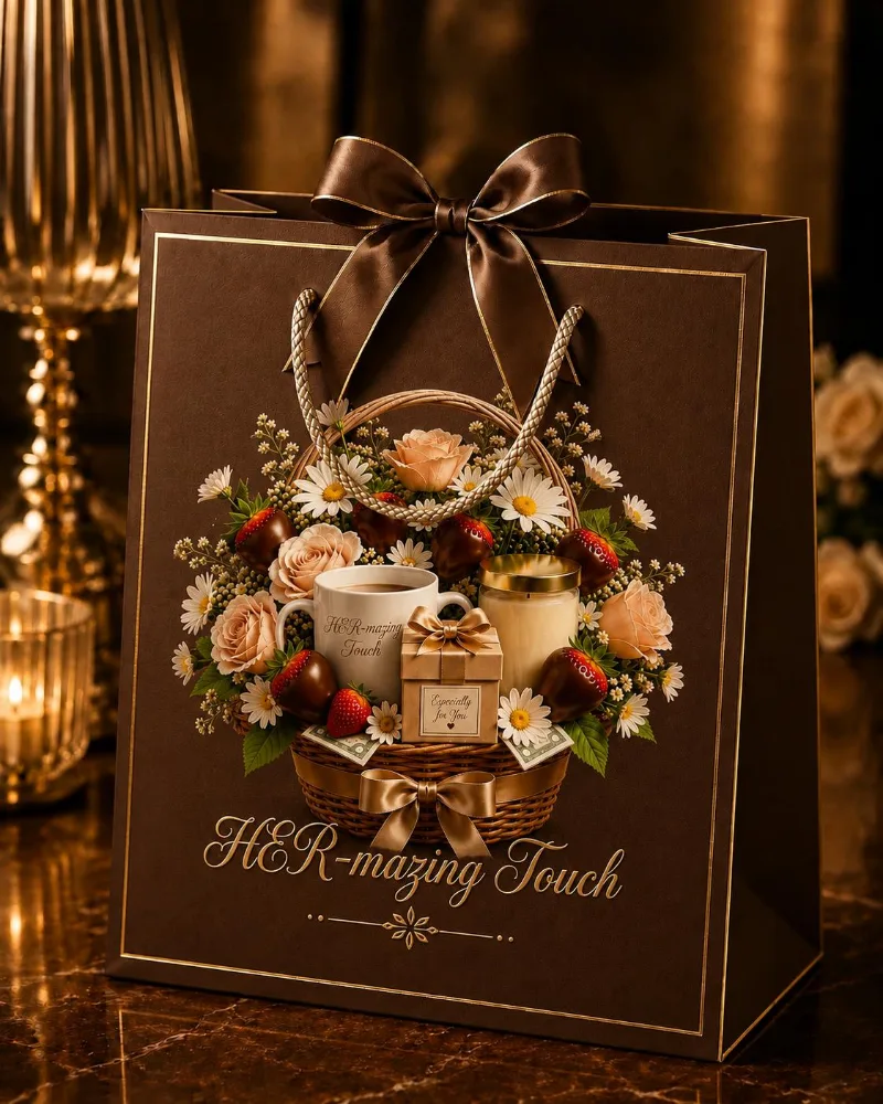 HER-mazing Touch signature gift bag — deep brown with gold-foil trim, a hand-tied satin bow and the brand basket crest printed on the front